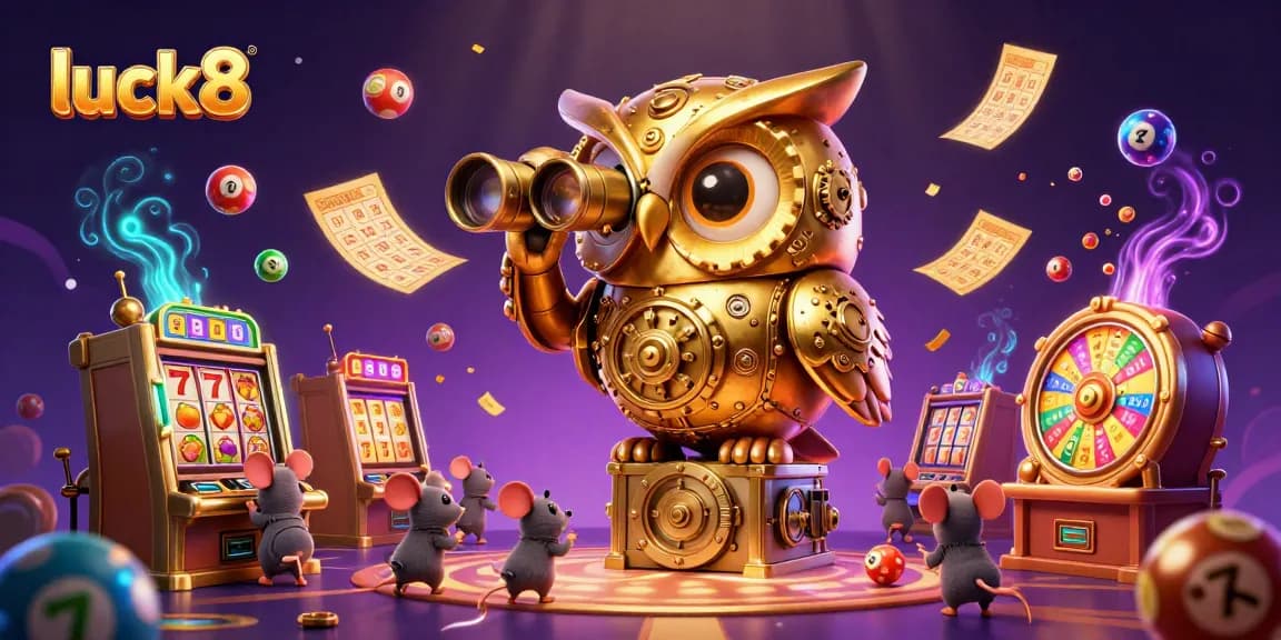 Experience excitement at luck8 with a clockwork owl overseeing vibrant casino action and dynamic games.