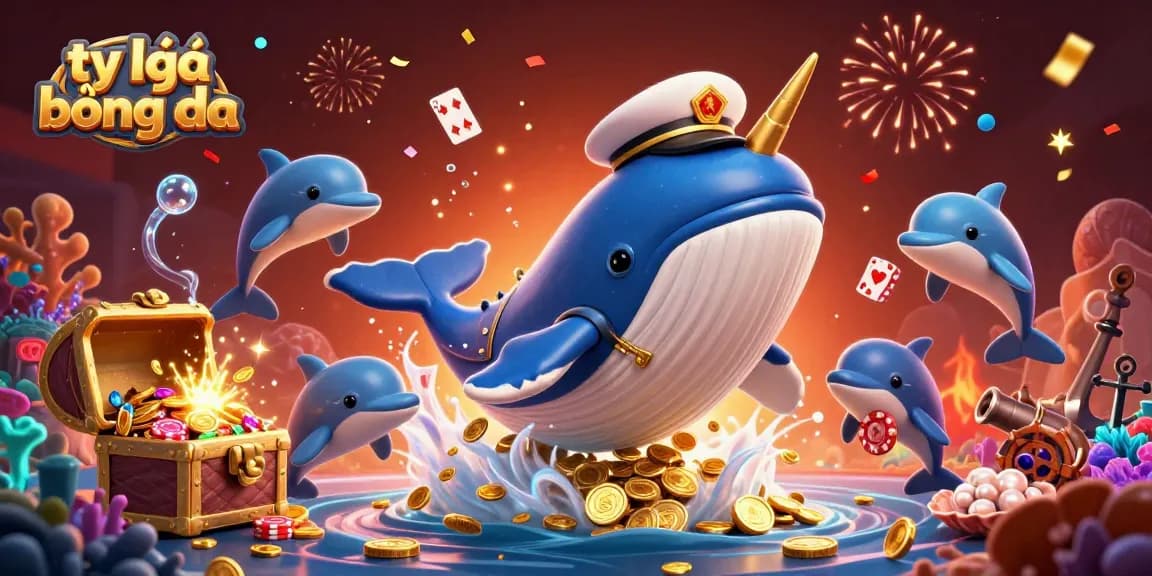Experience thrilling tỷ lệ bóng đá action with whales, dolphins, and colorful treasures in a vibrant casino-themed underwater scene.