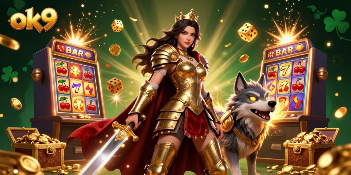 Experience the thrill of ok9 with a dynamic casino scene featuring an adventurous queen and her wolf.