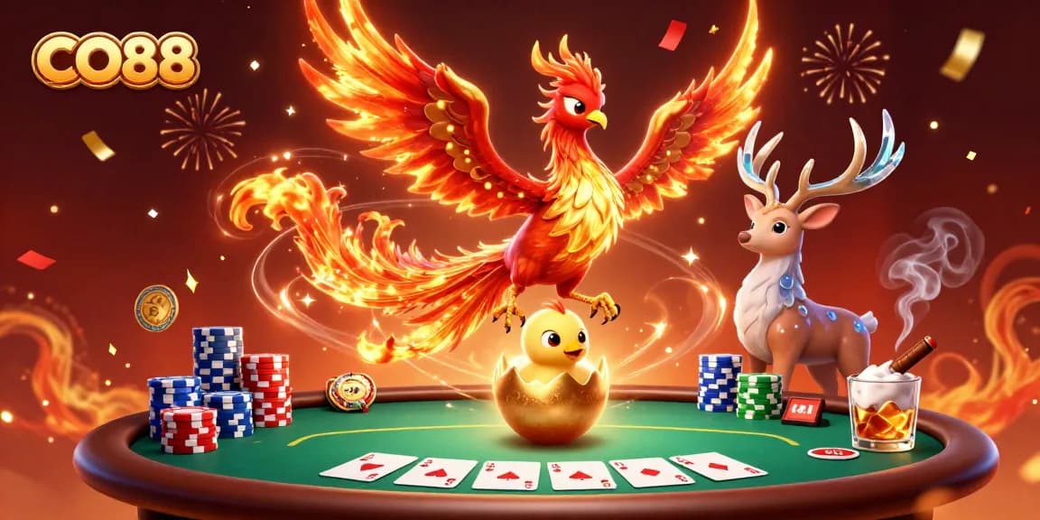 Play CO88 with vibrant 3D illustrations featuring poker elements and a mystical phoenix.