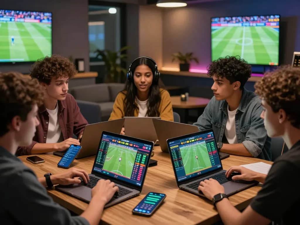 Engaging sports betting scene illustrating 1gom's dynamic community of football fans analyzing live matches and betting odds.