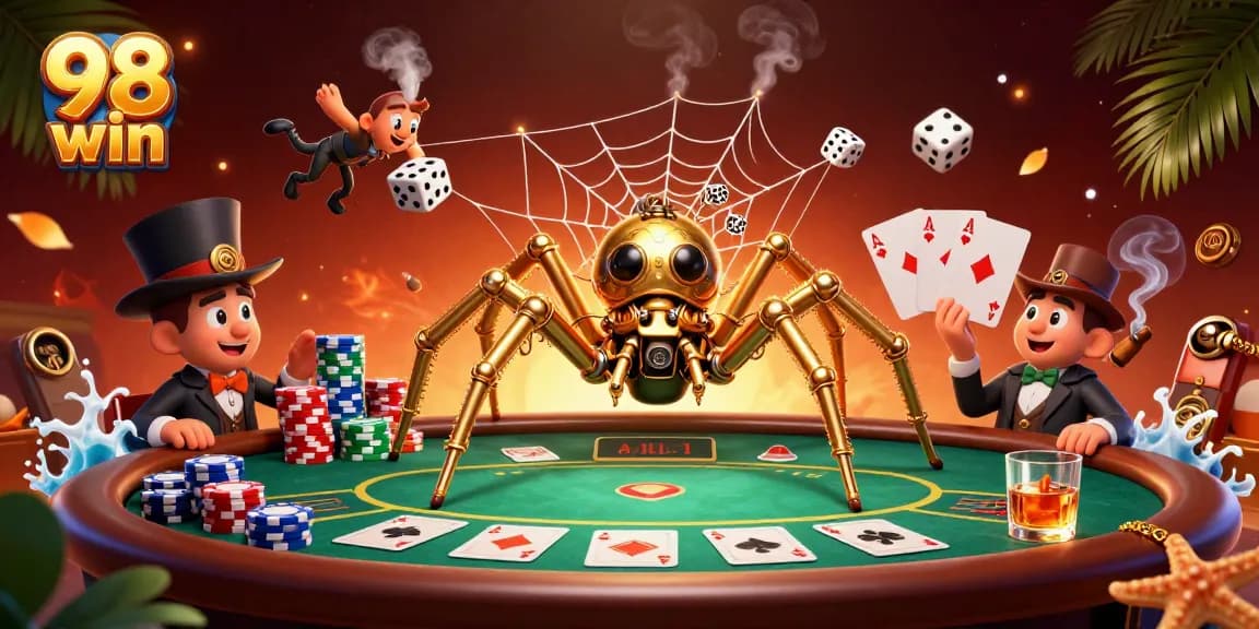 Experience thrilling gameplay in 98 win, as a steampunk spider weaves fortune with poker elements.