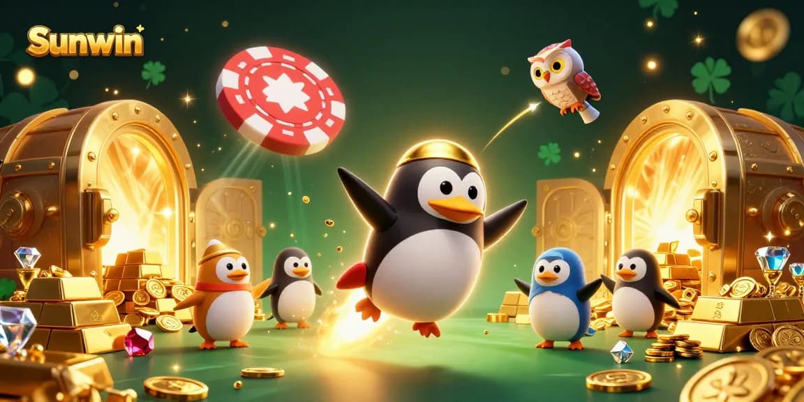 Experience thrilling gameplay at Sunwin with a golden penguin zooming towards casino riches, showcasing excitement in gambling.