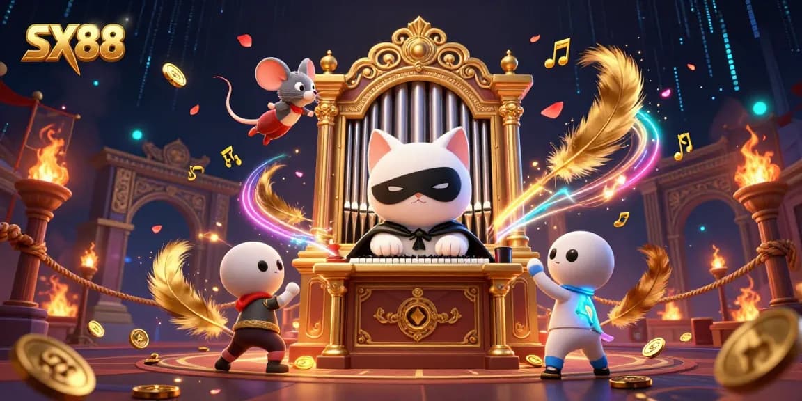 SX88's vibrant gaming scene featuring a whimsical masked cat and mouse acrobat amidst floating gold coins and captivating casino elements.