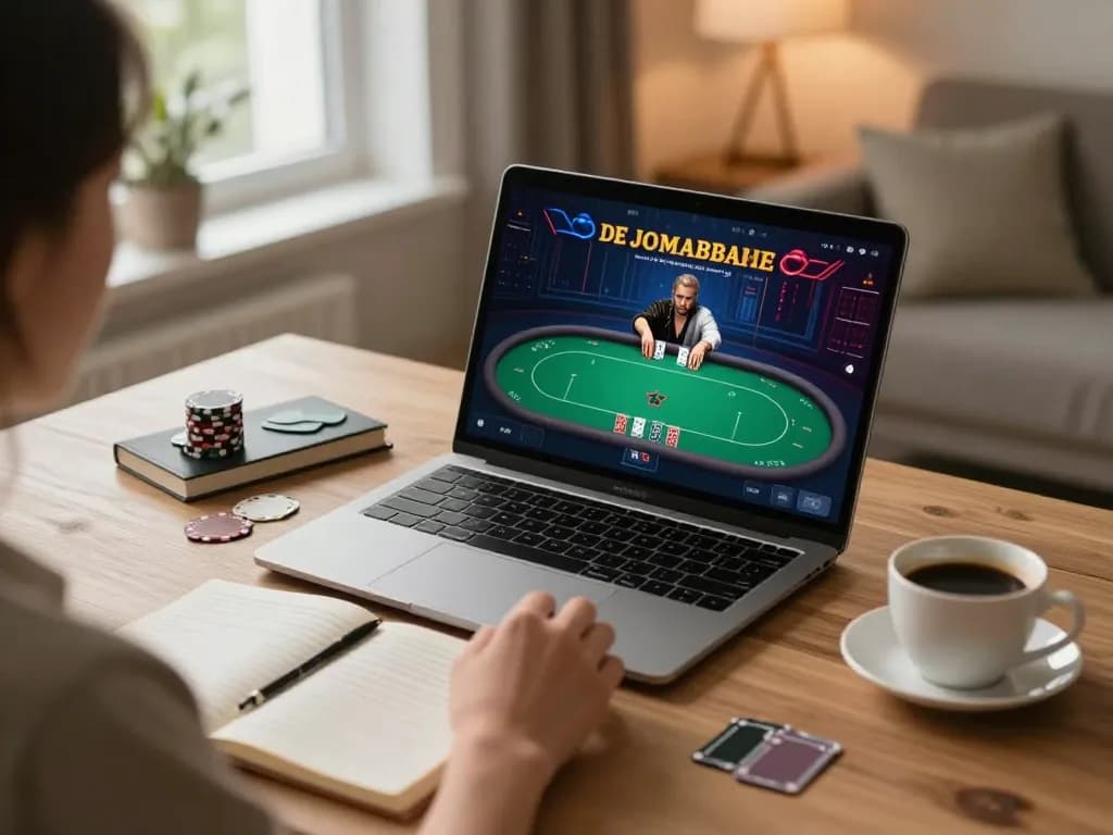 Person engaging in online poker at home, emphasizing xo88s for strategic gambling.