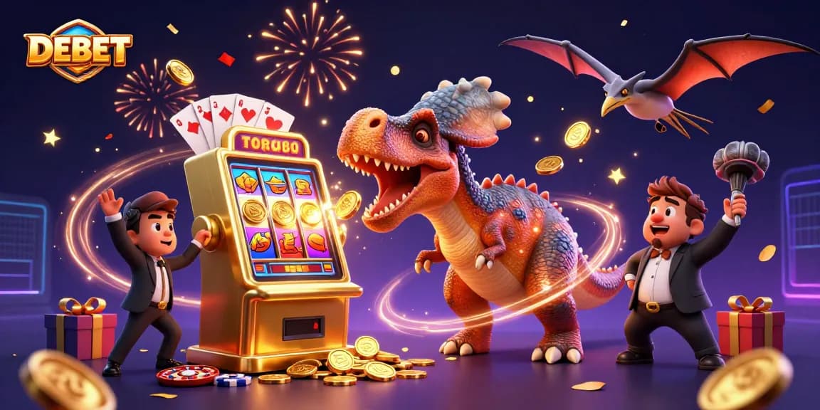 DEBET casino action with cartoon characters around a golden slot machine and gaming elements.