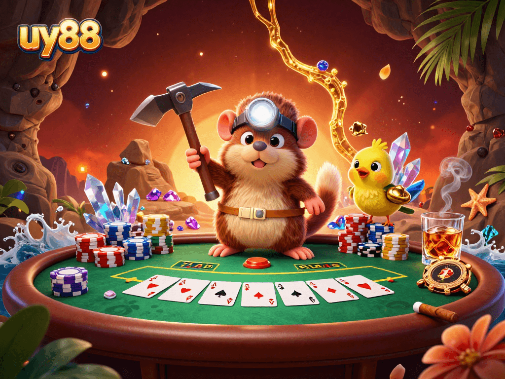 Experience key poker strategies with uy88 through a vibrant casino scene featuring treasure and excitement.