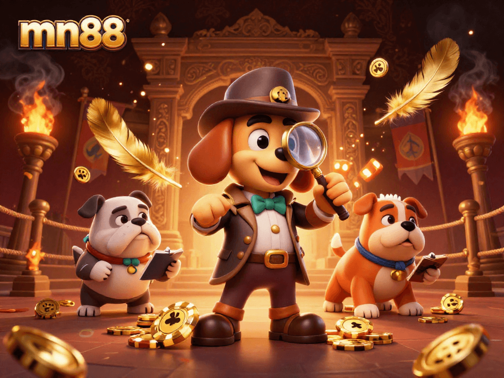 Uncover treasures at mn88 with a 3D cartoon detective revealing poker chip clues in a vibrant casino.