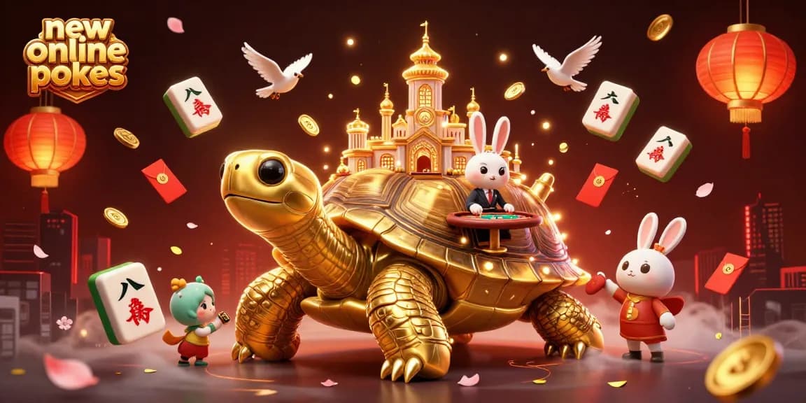 Spin new online pokies with a vibrant 3D casino scene featuring a tortoise and dealer.