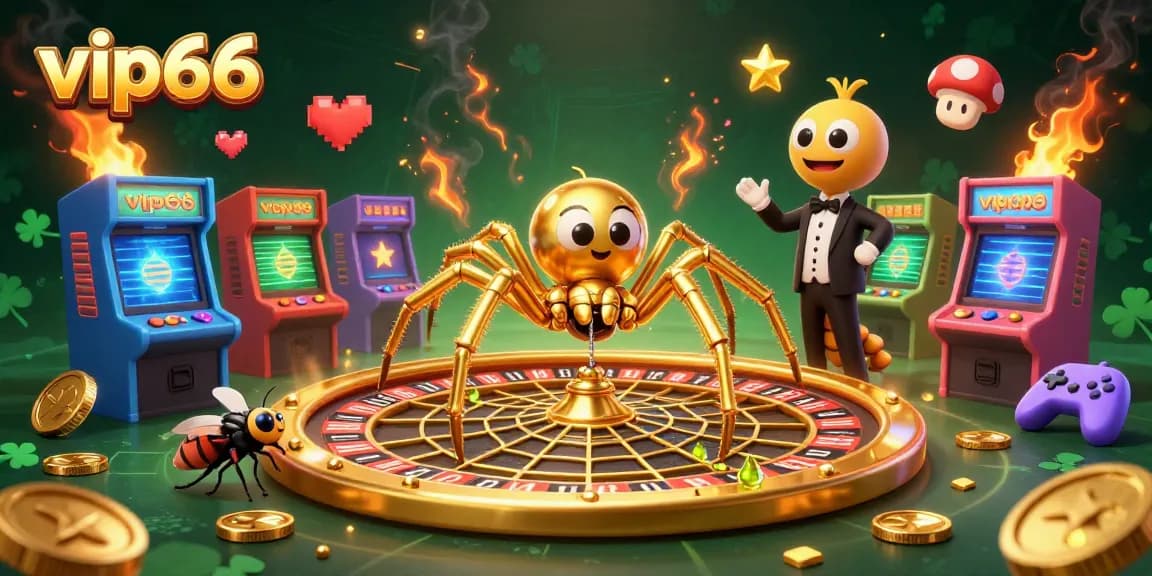 Experience thrilling gameplay at vip66 with a golden spider roulette web and a centipede croupier illustration.