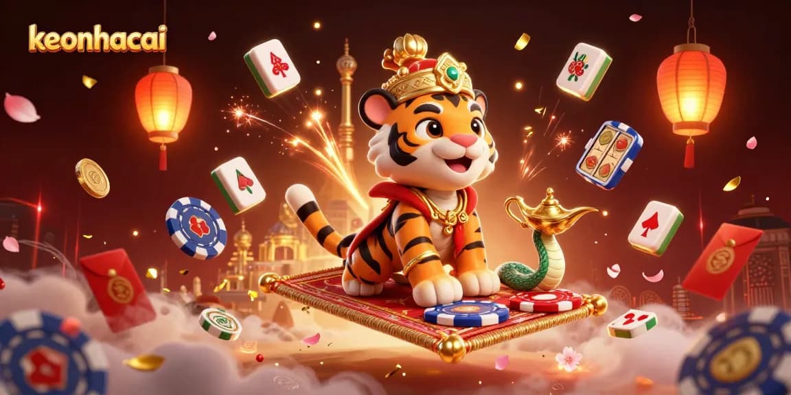 Experience keonhacai with a vibrant 3D casino illustration showcasing a playful sultan and slot elements.