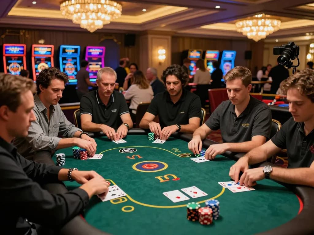 sunwin players strategizing at a Texas Hold'em poker table in a vibrant casino setting