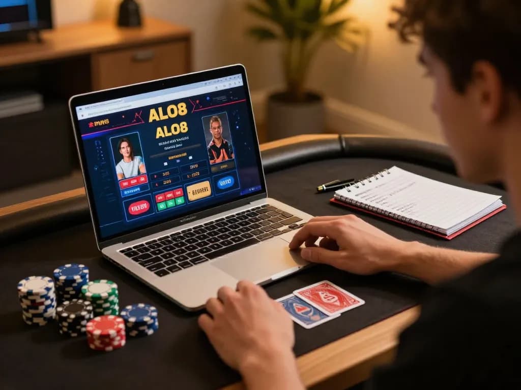 Engaging ALO8 online casino scene showcasing strategic gameplay with laptop and notes.