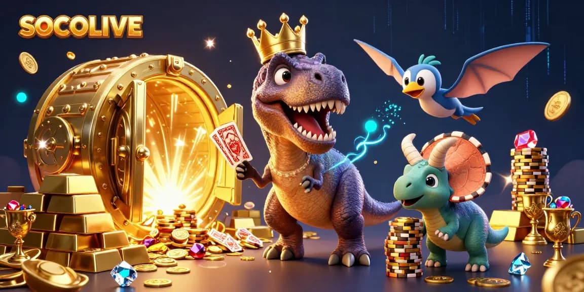SOCOLIVE brings excitement to virtual gambling with colorful characters and dazzling treasures in an engaging casino scene.