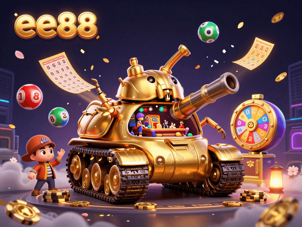 Engage with ee88 through a vibrant 3D casino scene filled with excitement and dynamic elements.