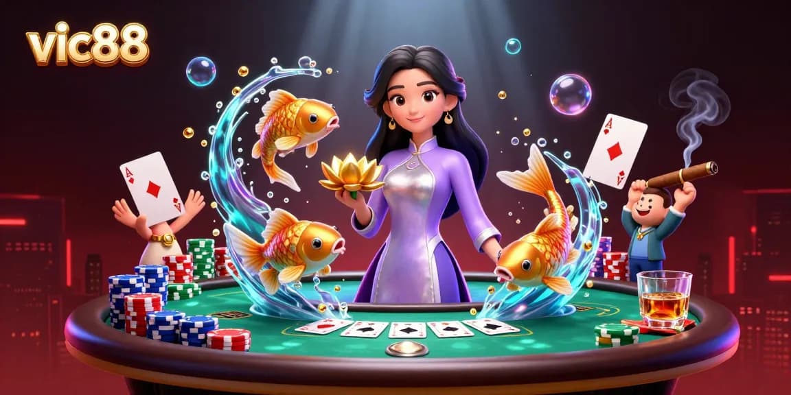 Win at vic88 with a vibrant 3D illustration of a lucky casino scene featuring poker elements.