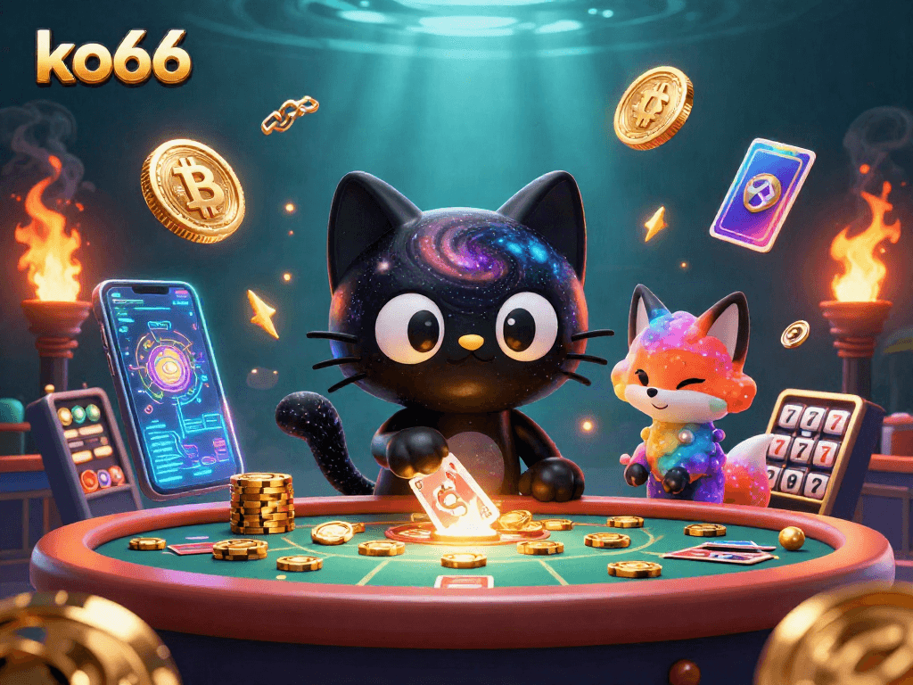 Engage with ko66 in a vibrant cosmic casino scene showcasing animated characters and crypto elements.