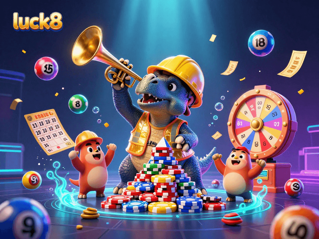 Engage with luck8's vibrant gaming scene showcasing a party of characters celebrating casino wins.
