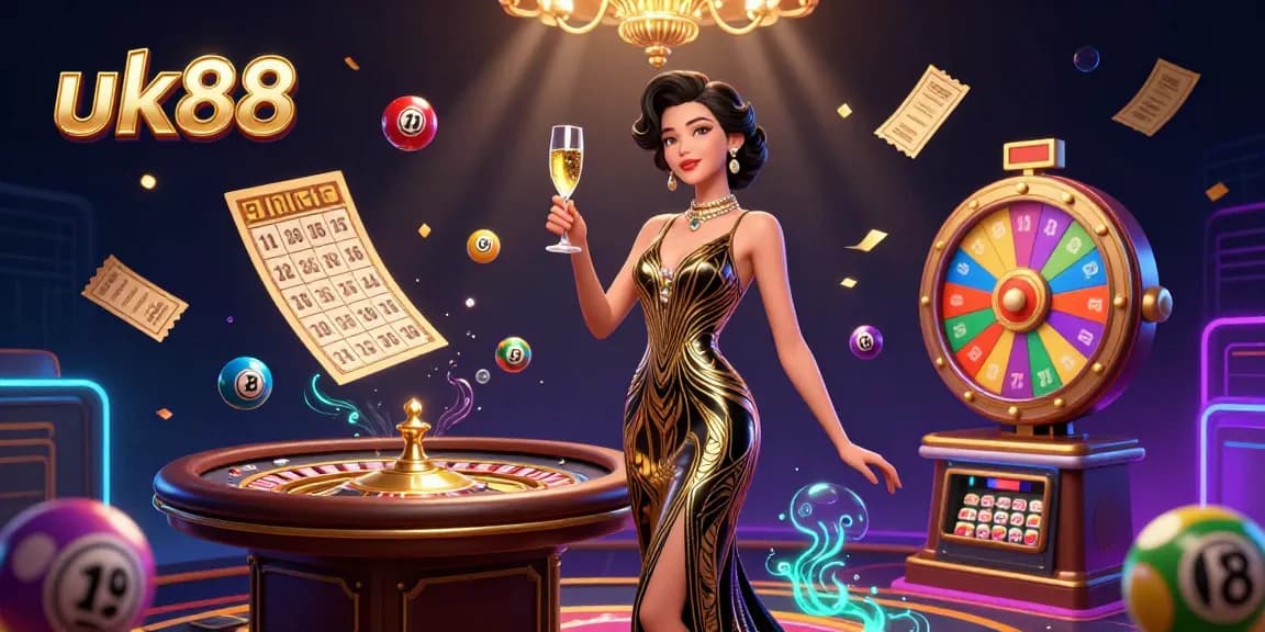 Engage with exciting games at UK88, featuring a glamorous casino scene with roulette and lottery elements.