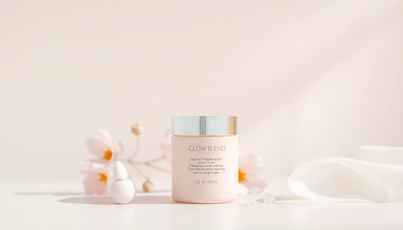Apply Glow Blend for a luminous skin finish with elegant product presentation.