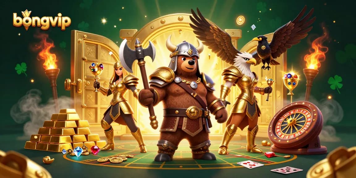 Bongvip brings thrilling casino experiences to life with vibrant characters and gaming elements in a dynamic illustration.