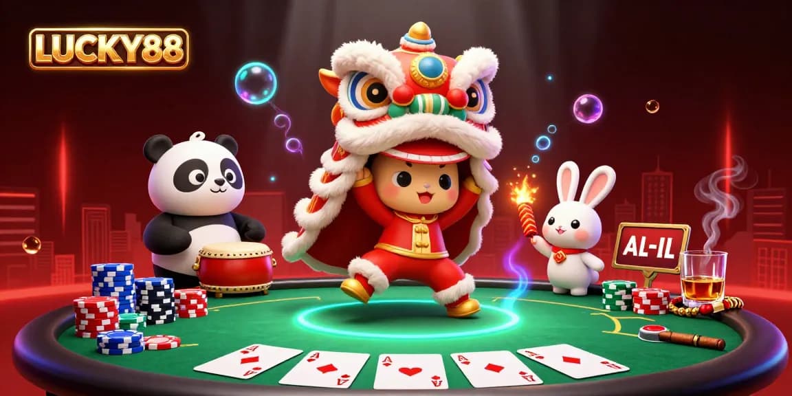 Experience big wins with LUCKY88, a lively scene of a Chinese New Year lion dance in a vibrant casino setting.