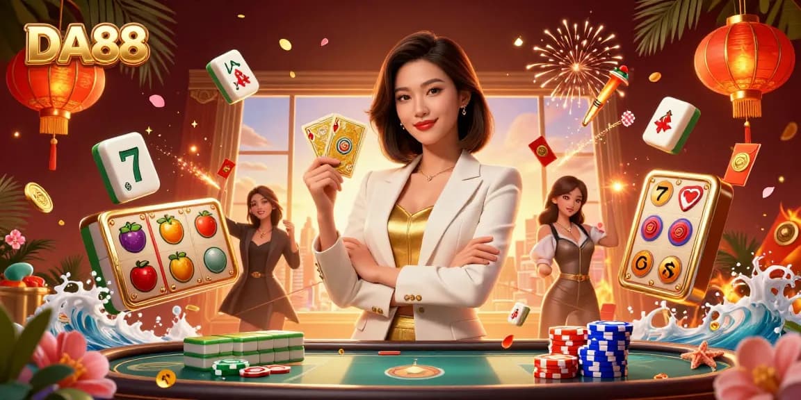 Win big with DA88 at the casino, a glamorous illustration of an Asian woman with poker elements.