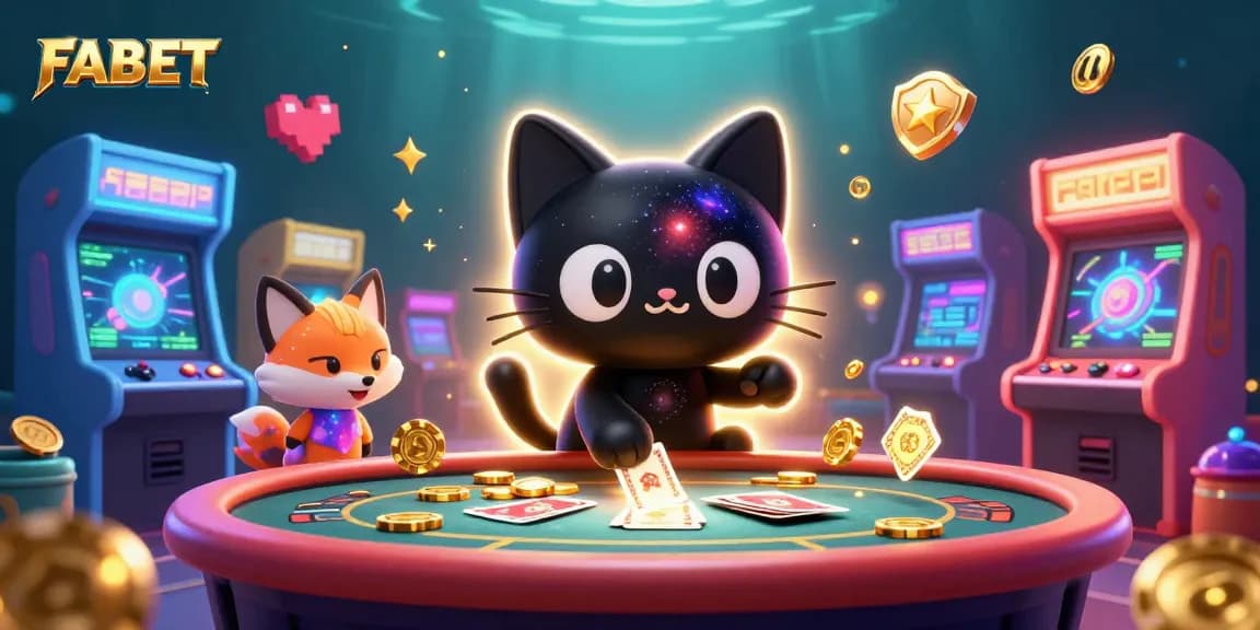 Experience FABET's thrilling cosmic casino with a captivating black hole cat and vibrant game elements.