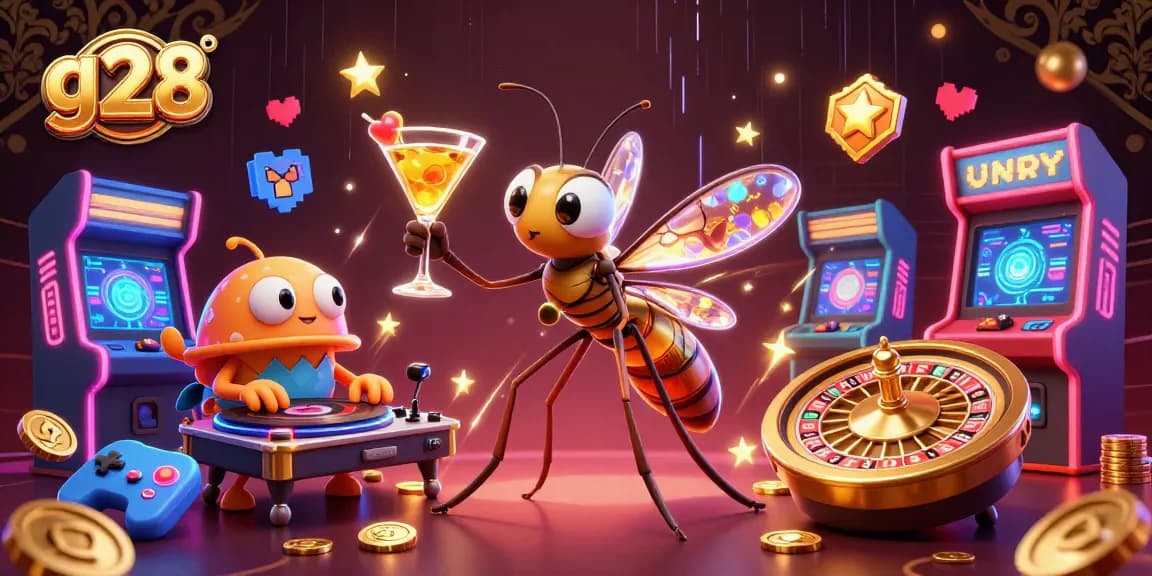 Experience thrilling gaming with g28's vibrant 3D casino scene showcasing unique characters.