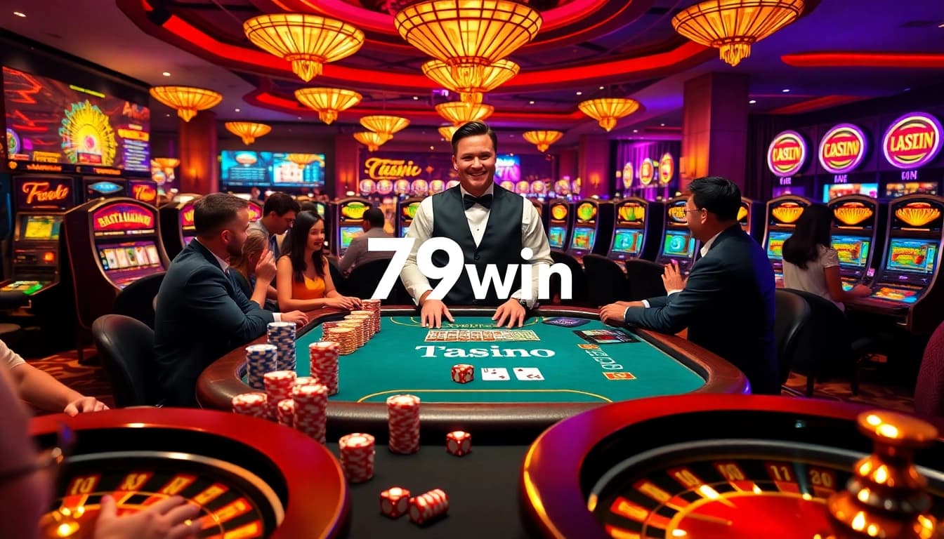 Exciting poker action at 79win casino with vibrant chips, cards, and a welcoming dealer.