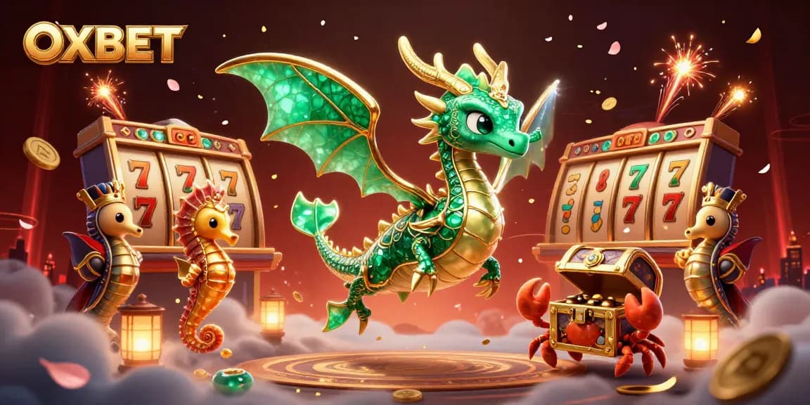 Spin slots with OXBET’s royal sea dragon amidst vibrant casino elements.