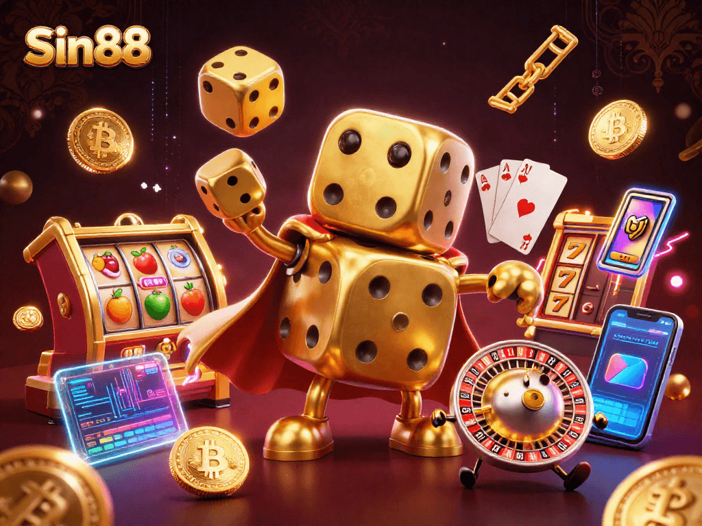 Engage with Sin88's immersive slots experience featuring golden dice and crypto graphics.