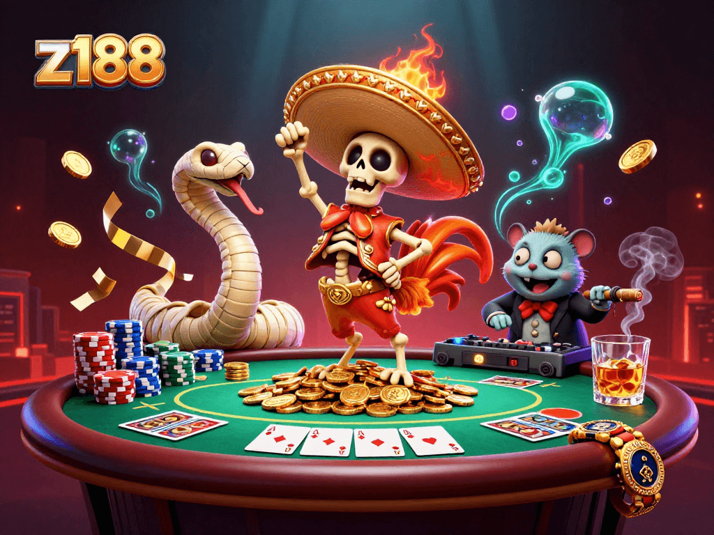 Experience winning action at z188 Casino with vibrant characters celebrating on golden coins.
