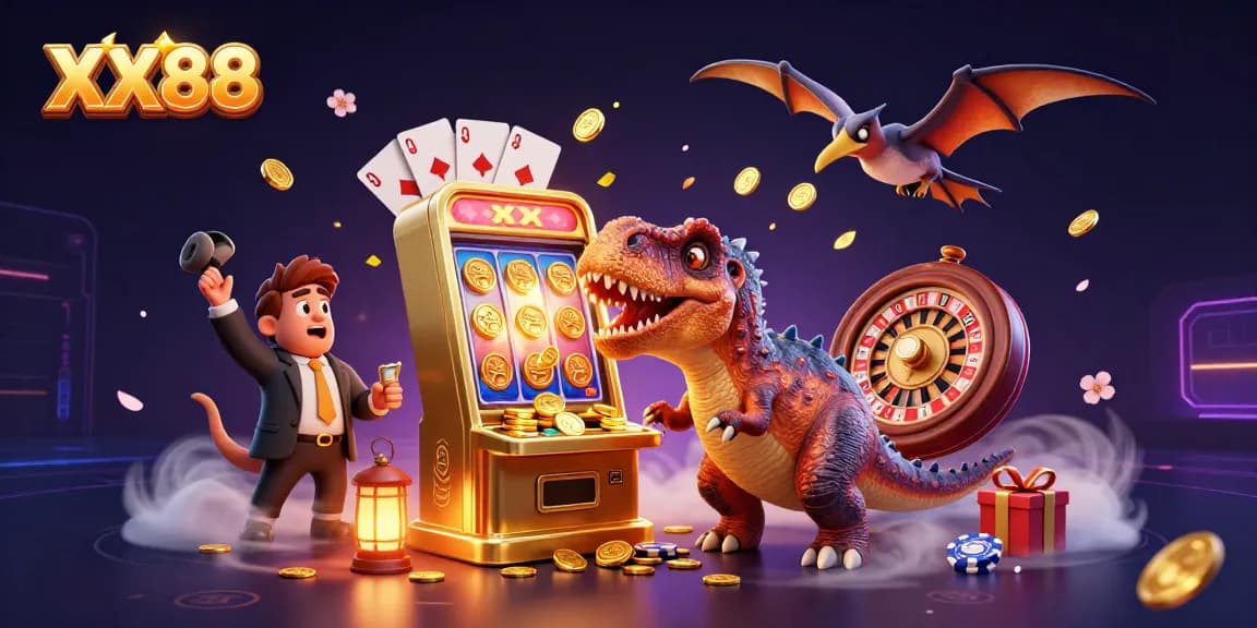 XX88 showcases a dinosaur-themed casino scene with vibrant games and winning moments.
