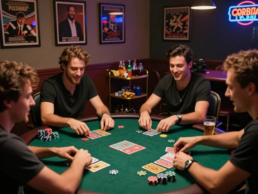 Friends enjoying a lively card game at a gambling table with rikbet branding.