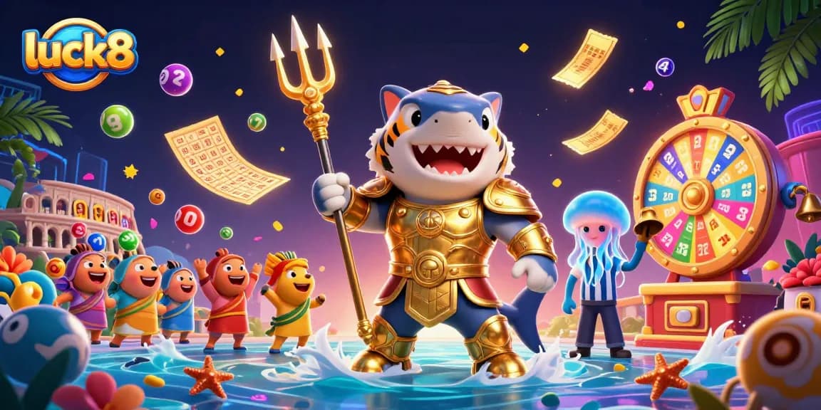 Experience luck8 magic with a vibrant 3D illustration showcasing a tiger shark gladiator in an underwater colosseum.
