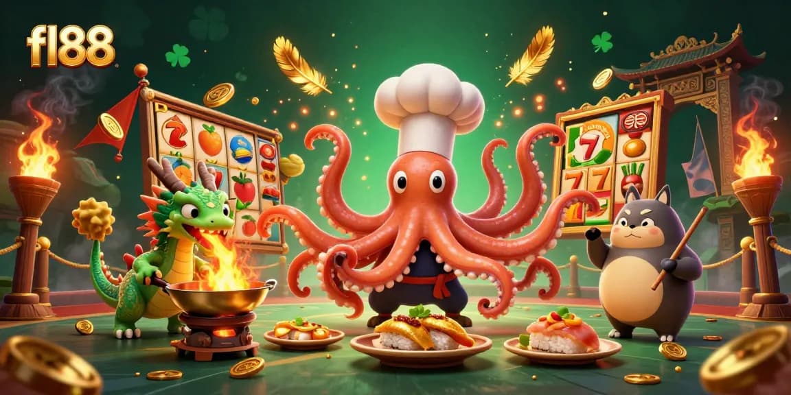 Engage with fl88's vibrant world of casino slots featuring an octopus chef and a dragon, creating fiery excitement in every game