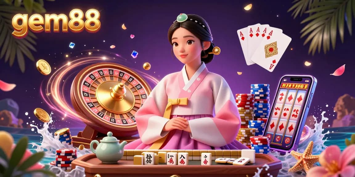 Experience thrilling gaming at gem88 with elegant Asian lady, golden coins, luxury roulette, and jackpot excitement.