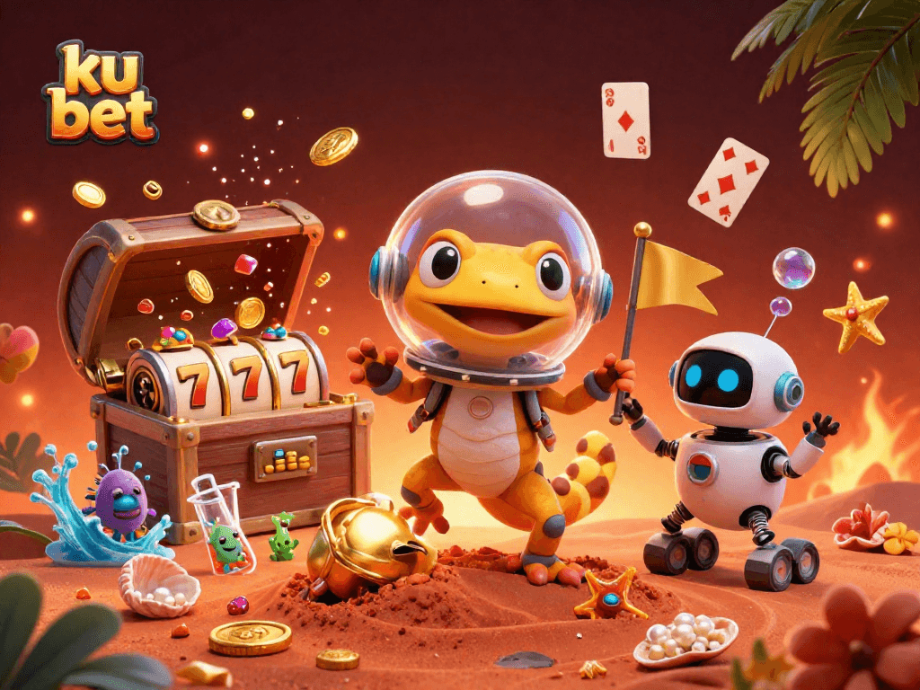 Experience the excitement of ku bet with a Martian gecko discovering a golden casino on Mars.
