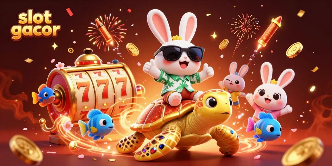 Experience the excitement of slot gacor with cartoon characters celebrating around lucky symbols and slot reels.