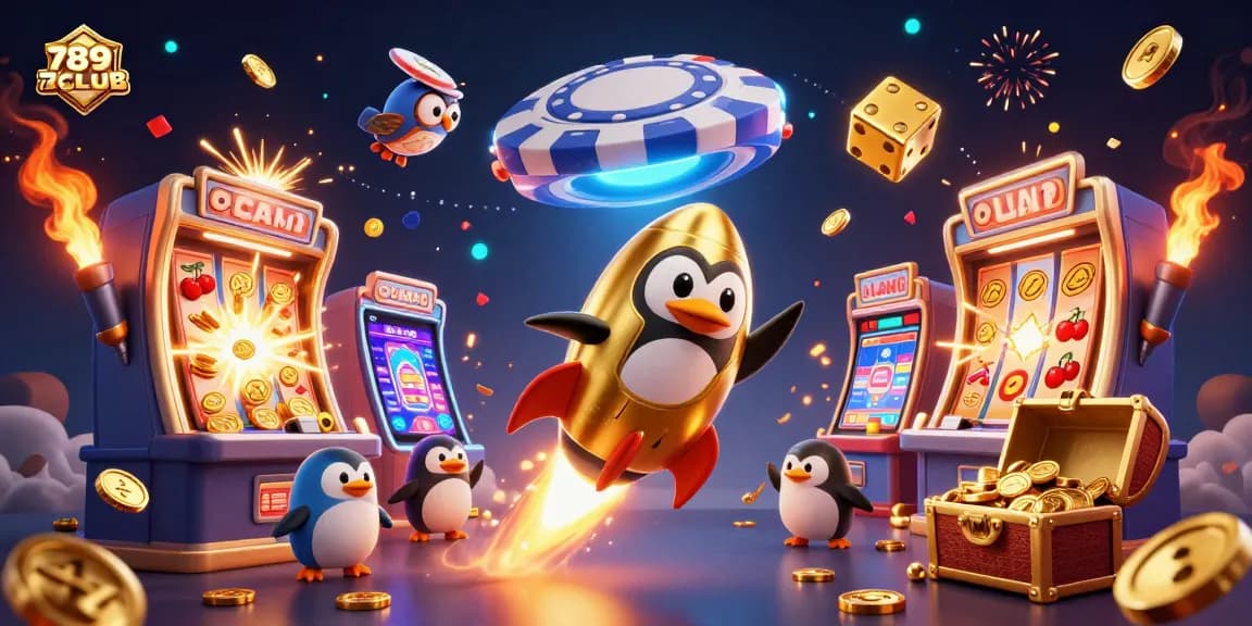 Experience the excitement of 789CLUB with the golden penguin blasting towards a casino jackpot!