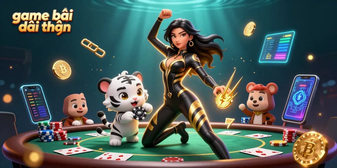 Experience game bài đổi thưởng with a stunning woman and a playful tiger in a lively casino scene.