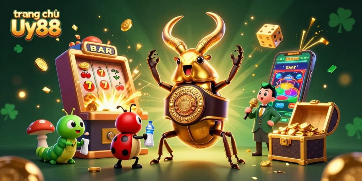 Experience the excitement of the trang chủ Uy88 with a vibrant casino scene featuring a golden stag beetle champion.