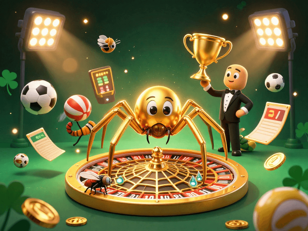 Bongdalu showcases sports betting excitement with a golden spider and vibrant game elements.