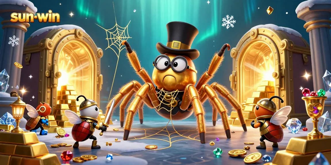Experience the thrill of winning at sun-win with a captivating illustration of a golden tarantula and brave beetle knight.