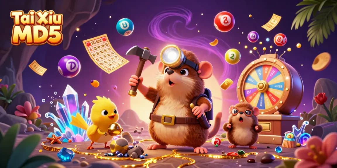 Tài Xỉu MD5 features a vibrant scene with a treasure hunter mole, canary, and dynamic casino elements.