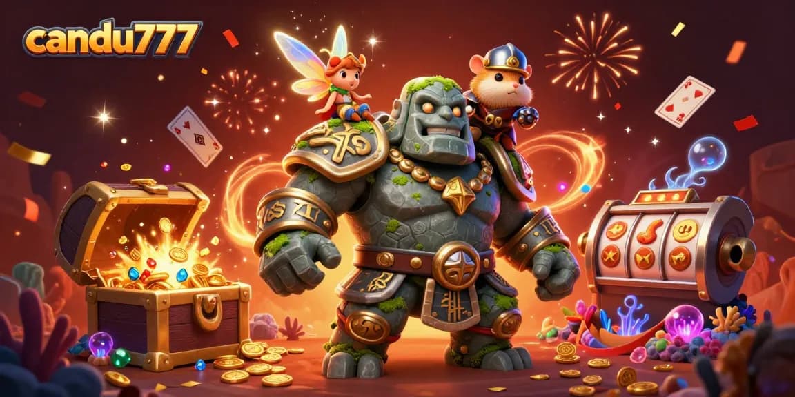 Candu777 players engage with thrilling slots while a magical golem, fairy, and knight bring excitement.