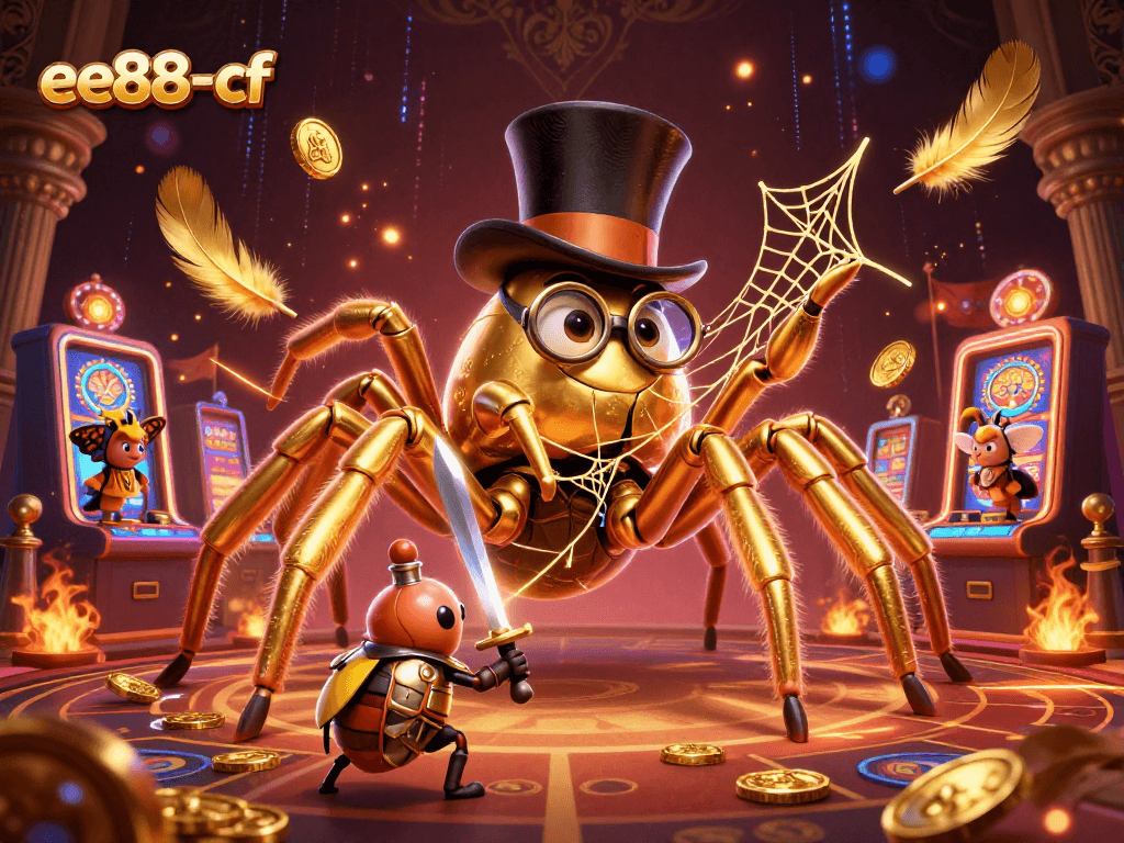 Experience the thrill of ee88-cf with a giant golden tarantula and beetle knight at the casino.