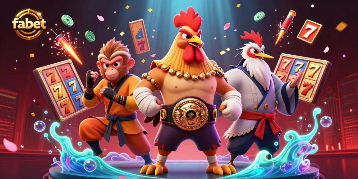 Engage in exciting gameplay with fabet's dynamic 3D casino scene featuring lively characters and vibrant slot reels.