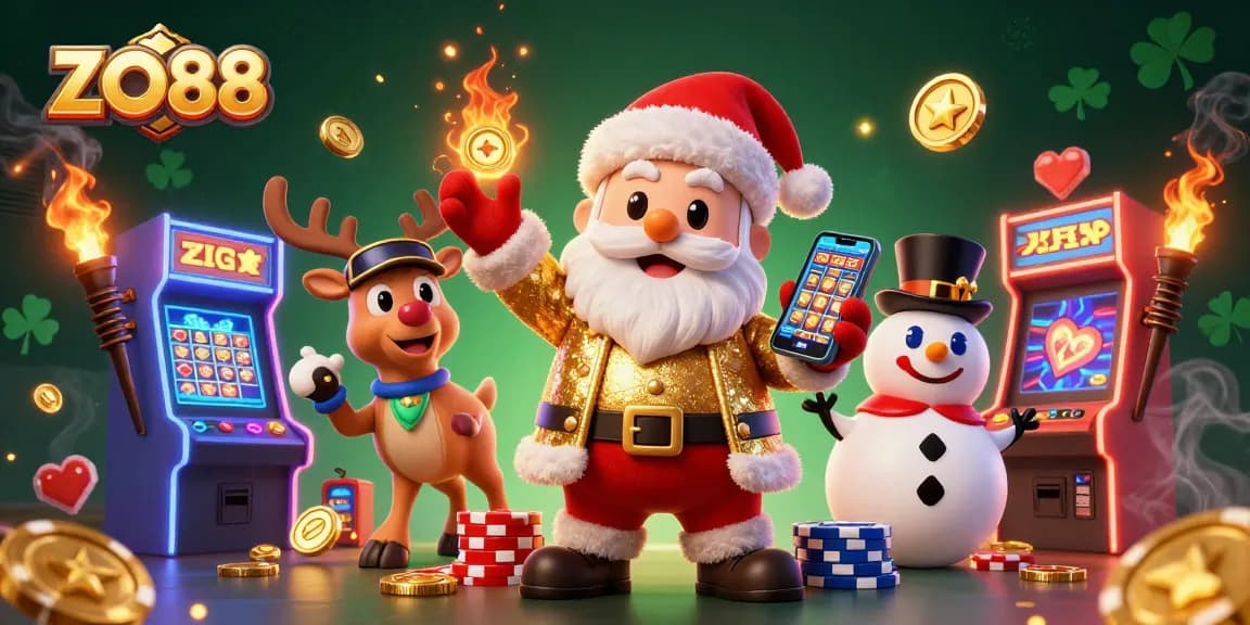 Spin to win at ZO88 with a festive casino scene showcasing Santa and friends!